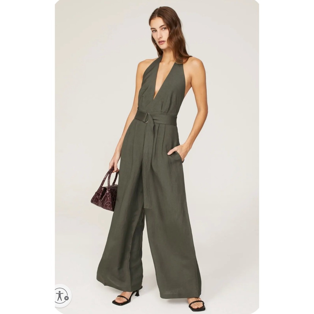 Adam Lippes Sage Halter Jumpsuit Wide Leg Belted Sleeveless Green Linen Sz 2